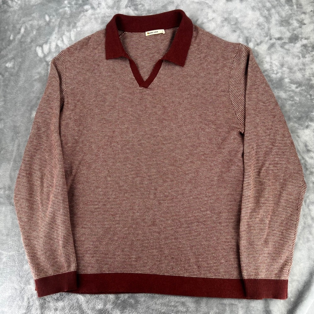 Marine Layer Mens L Burgundy Textured V-Neck Collar Liam Sweater Wool Blend